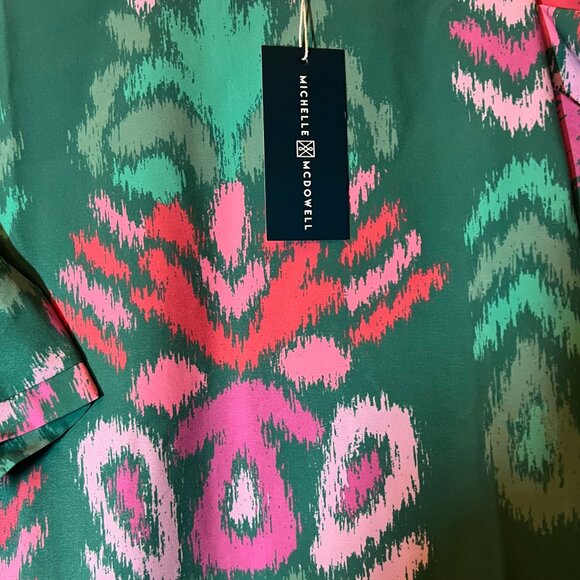 NWT Michelle McDowell Women's Green Abstract Ikat Print Puff Sleeve Blouse Mediu - Picture 3 of 3
